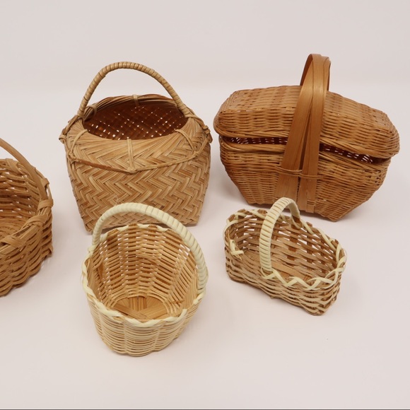 MINI WICKER picnic basket set of 5 vintage - Picture 3 of 16
